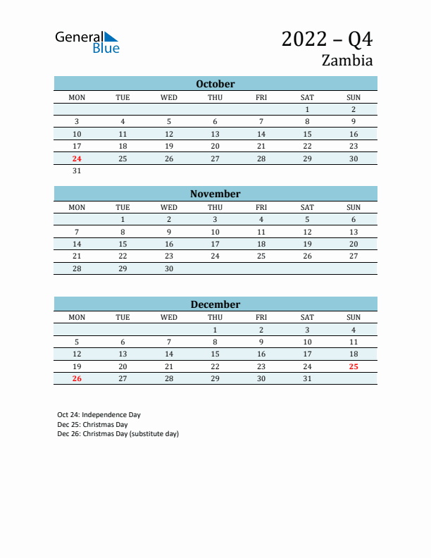 Three-Month Planner for Q4 2022 with Holidays - Zambia