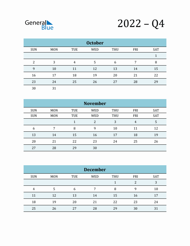 October, November, and December 2022 Calendar