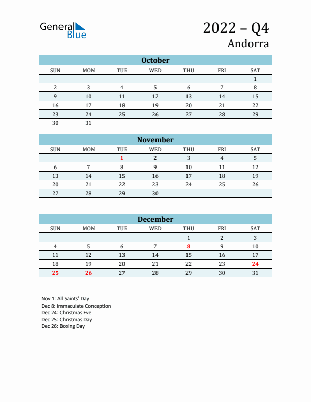 Three-Month Planner for Q4 2022 with Holidays - Andorra