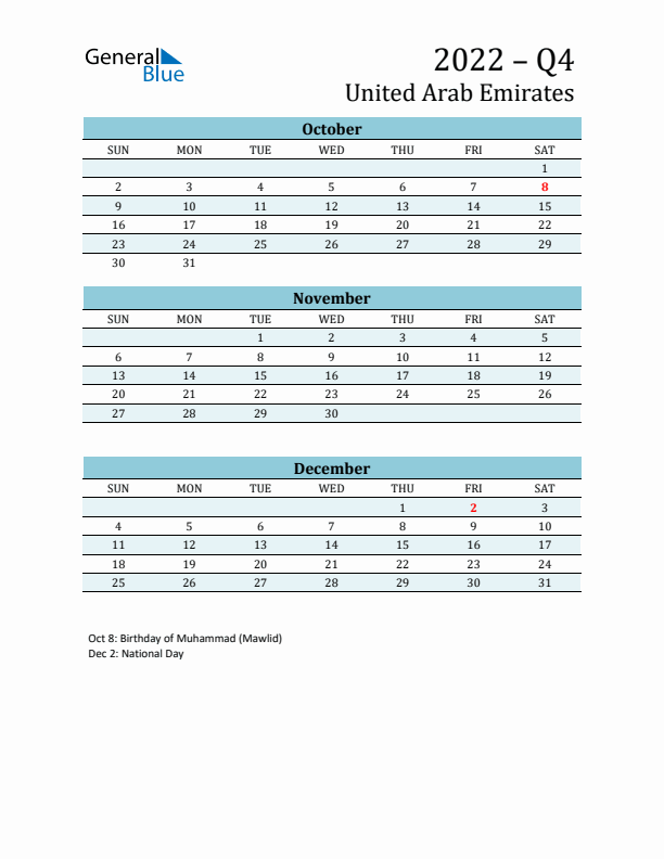 Three-Month Planner for Q4 2022 with Holidays - United Arab Emirates
