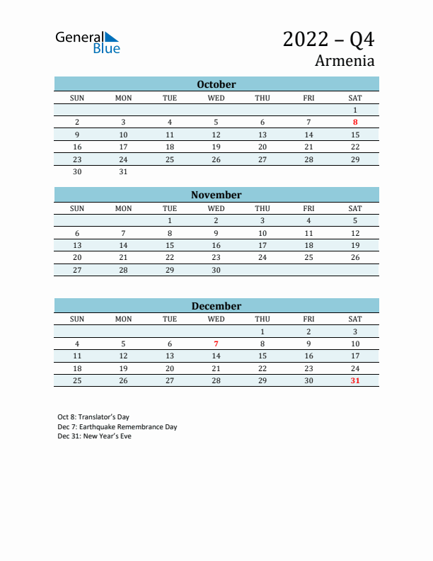 Three-Month Planner for Q4 2022 with Holidays - Armenia