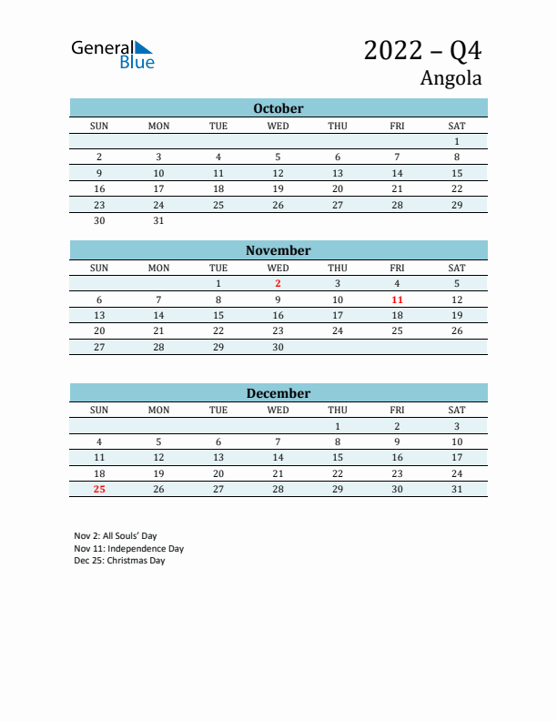 Three-Month Planner for Q4 2022 with Holidays - Angola