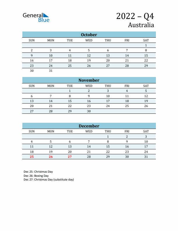 Three-Month Planner for Q4 2022 with Holidays - Australia
