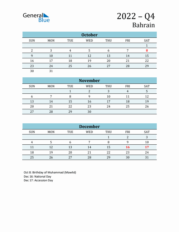 Three-Month Planner for Q4 2022 with Holidays - Bahrain