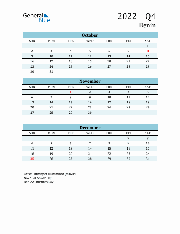 Three-Month Planner for Q4 2022 with Holidays - Benin