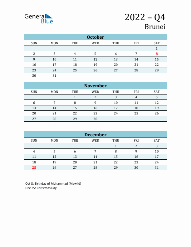 Three-Month Planner for Q4 2022 with Holidays - Brunei