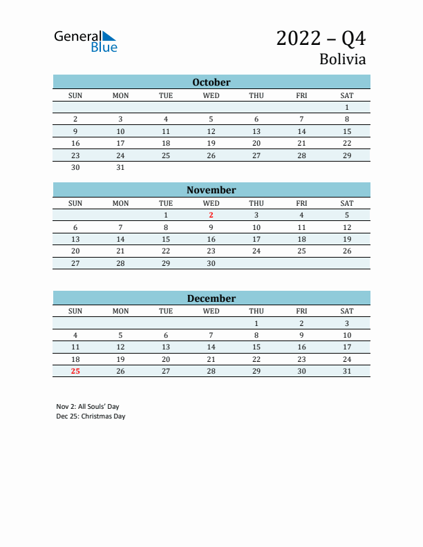 Three-Month Planner for Q4 2022 with Holidays - Bolivia
