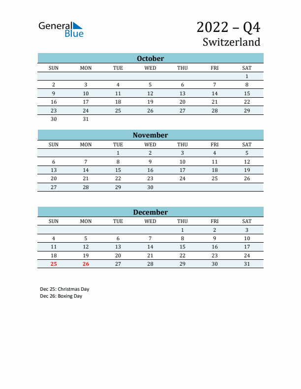Three-Month Planner for Q4 2022 with Holidays - Switzerland