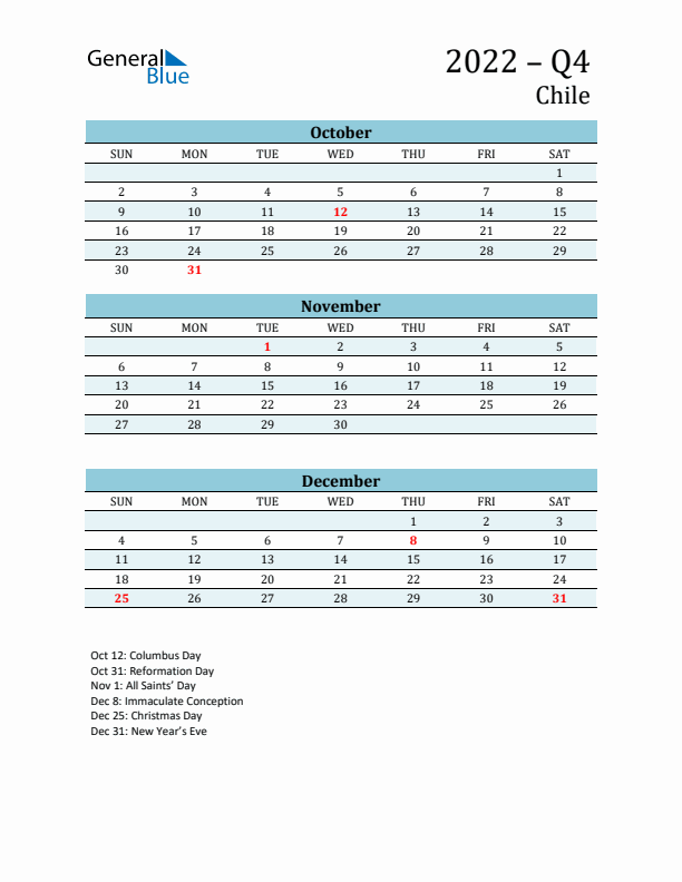Three-Month Planner for Q4 2022 with Holidays - Chile