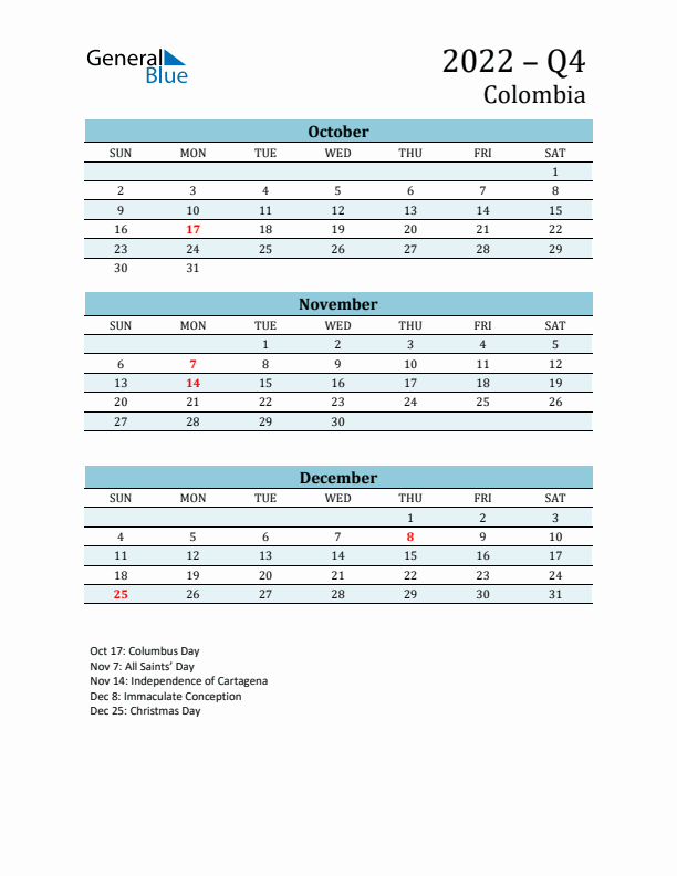Three-Month Planner for Q4 2022 with Holidays - Colombia