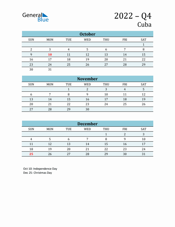 Three-Month Planner for Q4 2022 with Holidays - Cuba