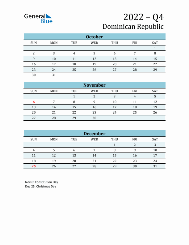 Three-Month Planner for Q4 2022 with Holidays - Dominican Republic