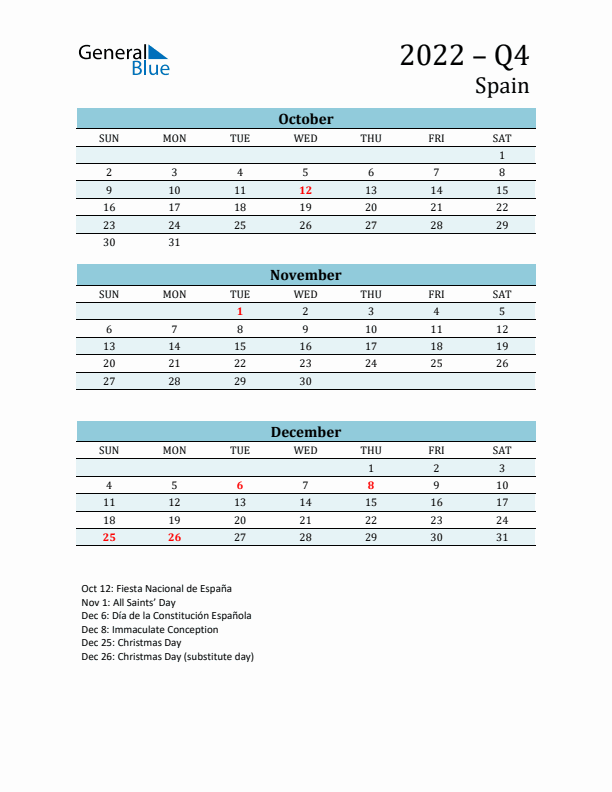 Three-Month Planner for Q4 2022 with Holidays - Spain