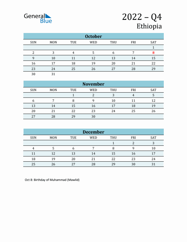 Three-Month Planner for Q4 2022 with Holidays - Ethiopia