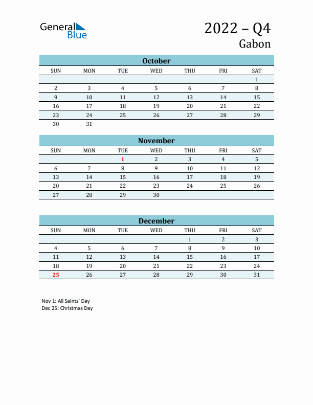Three-Month Planner for Q4 2022 with Holidays - Gabon