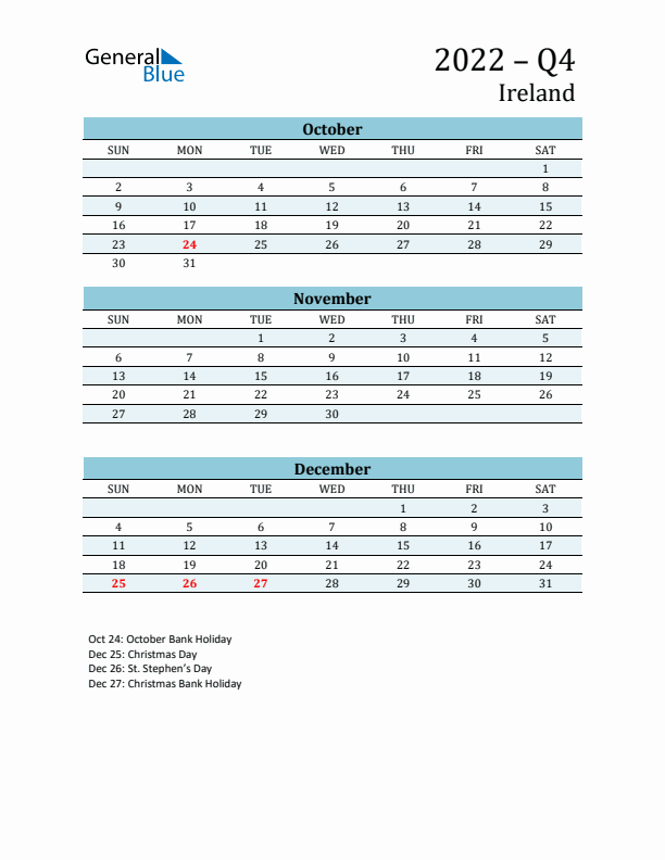 Three-Month Planner for Q4 2022 with Holidays - Ireland
