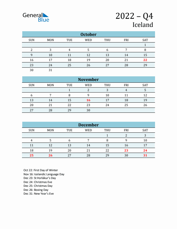 Three-Month Planner for Q4 2022 with Holidays - Iceland
