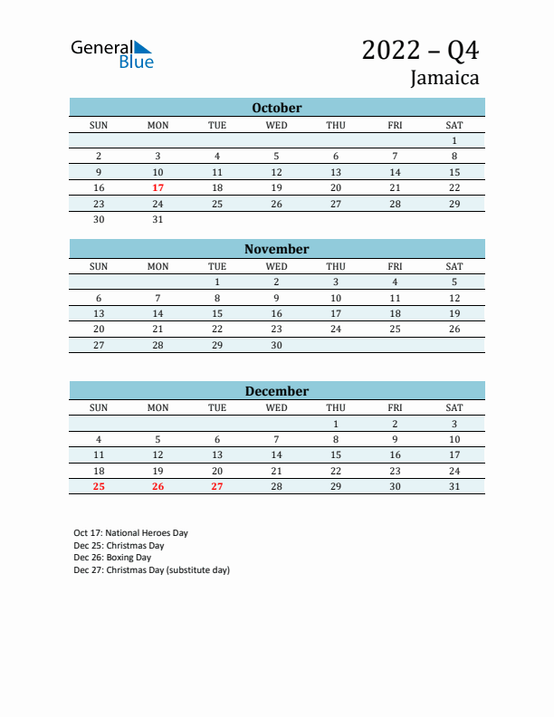 Three-Month Planner for Q4 2022 with Holidays - Jamaica