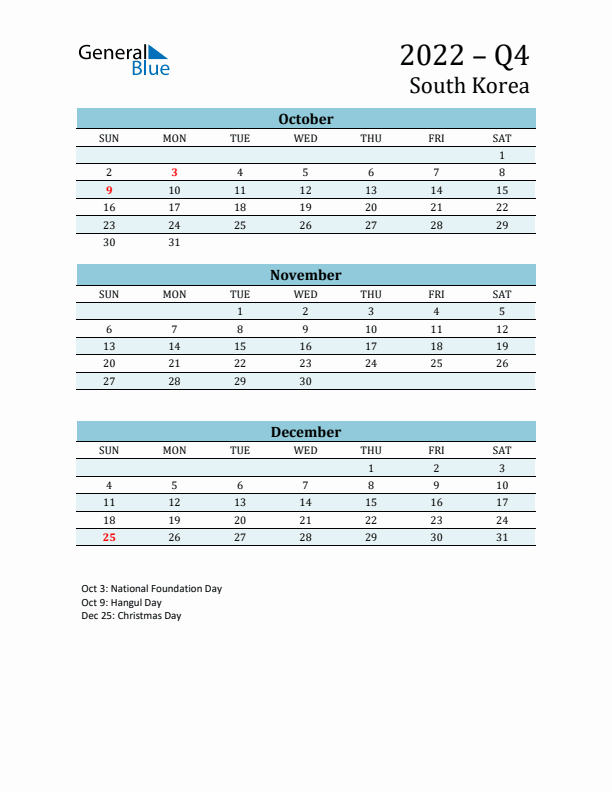 Three-Month Planner for Q4 2022 with Holidays - South Korea