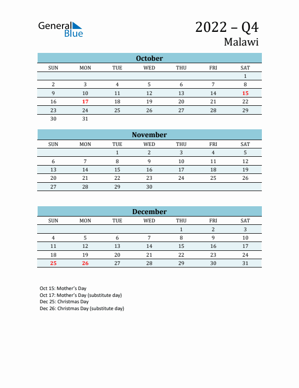 Three-Month Planner for Q4 2022 with Holidays - Malawi