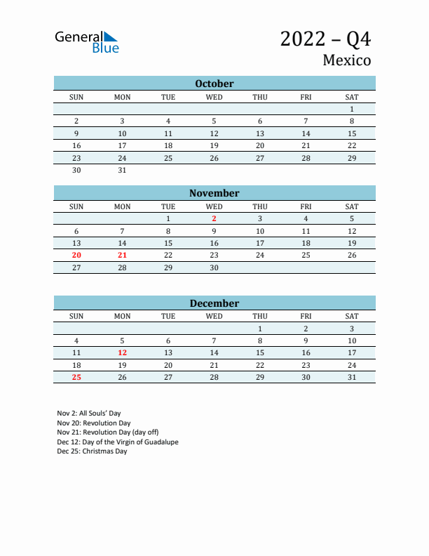 Three-Month Planner for Q4 2022 with Holidays - Mexico