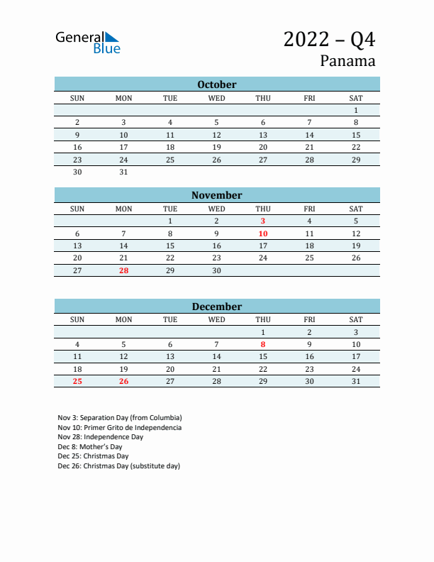 Three-Month Planner for Q4 2022 with Holidays - Panama