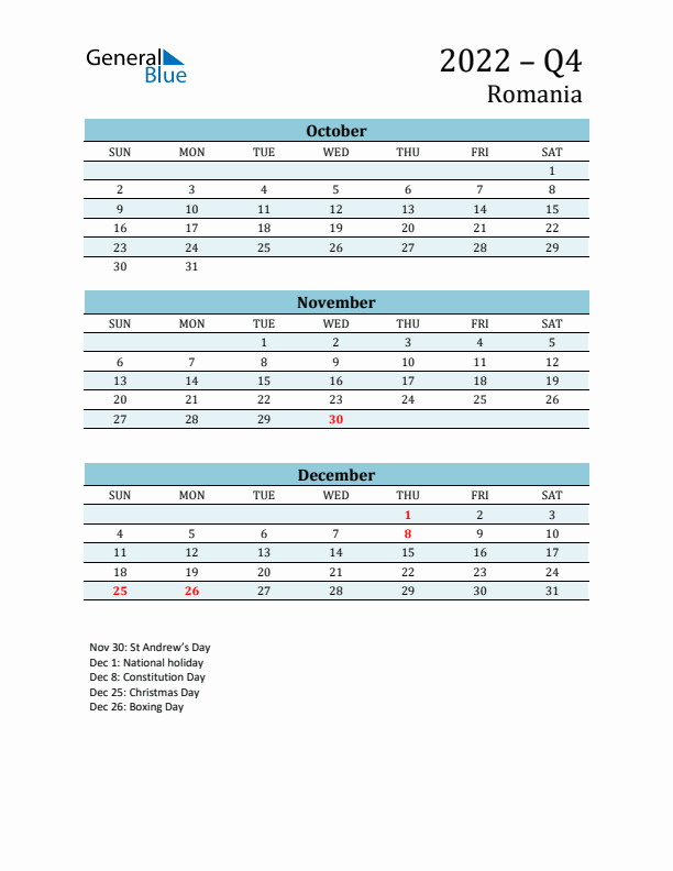 Three-Month Planner for Q4 2022 with Holidays - Romania