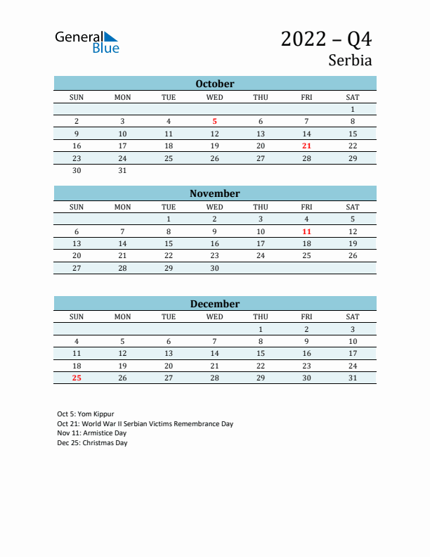 Three-Month Planner for Q4 2022 with Holidays - Serbia
