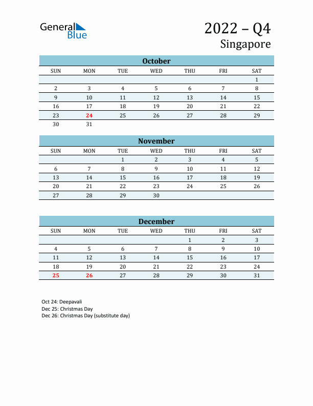 Three-Month Planner for Q4 2022 with Holidays - Singapore
