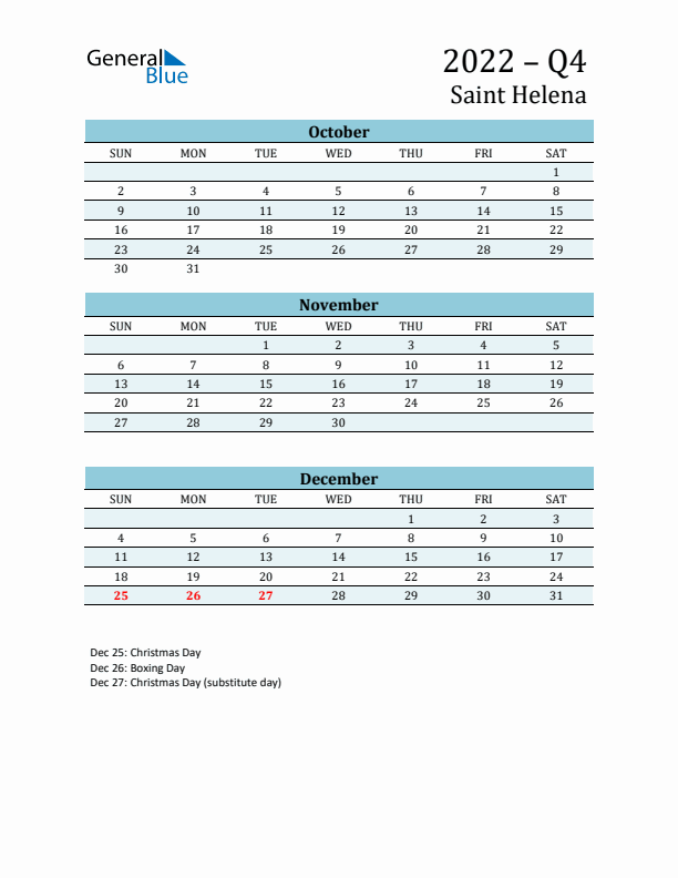 Three-Month Planner for Q4 2022 with Holidays - Saint Helena