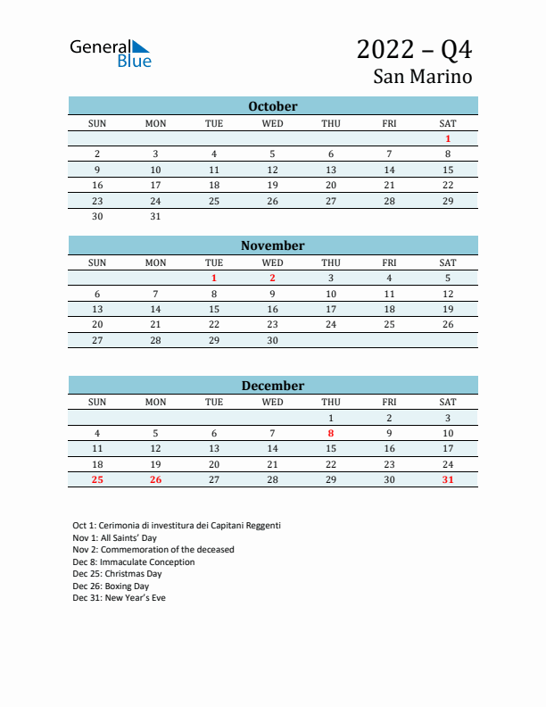 Three-Month Planner for Q4 2022 with Holidays - San Marino