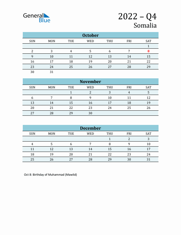 Three-Month Planner for Q4 2022 with Holidays - Somalia