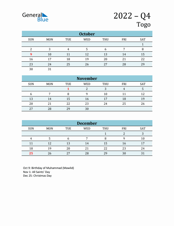 Three-Month Planner for Q4 2022 with Holidays - Togo