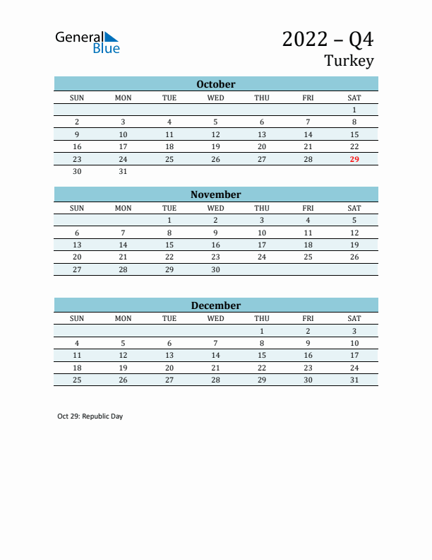 Three-Month Planner for Q4 2022 with Holidays - Turkey