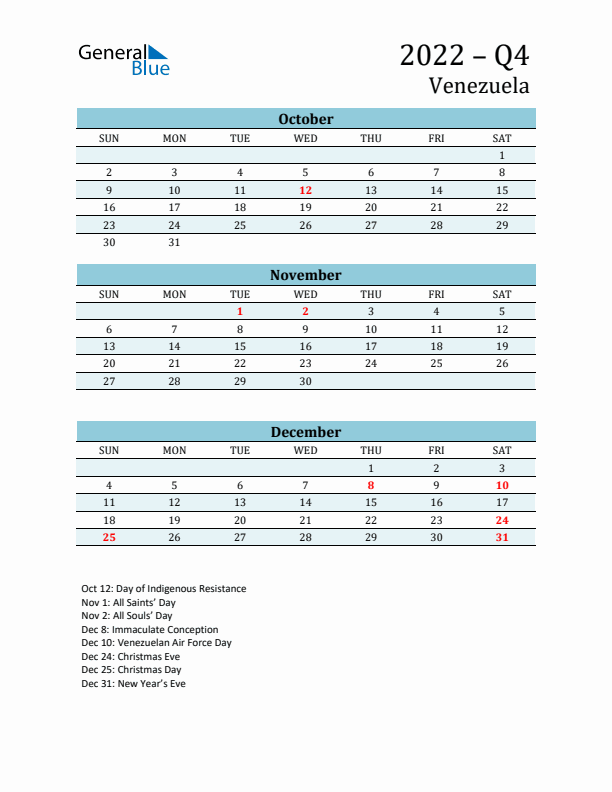 Three-Month Planner for Q4 2022 with Holidays - Venezuela