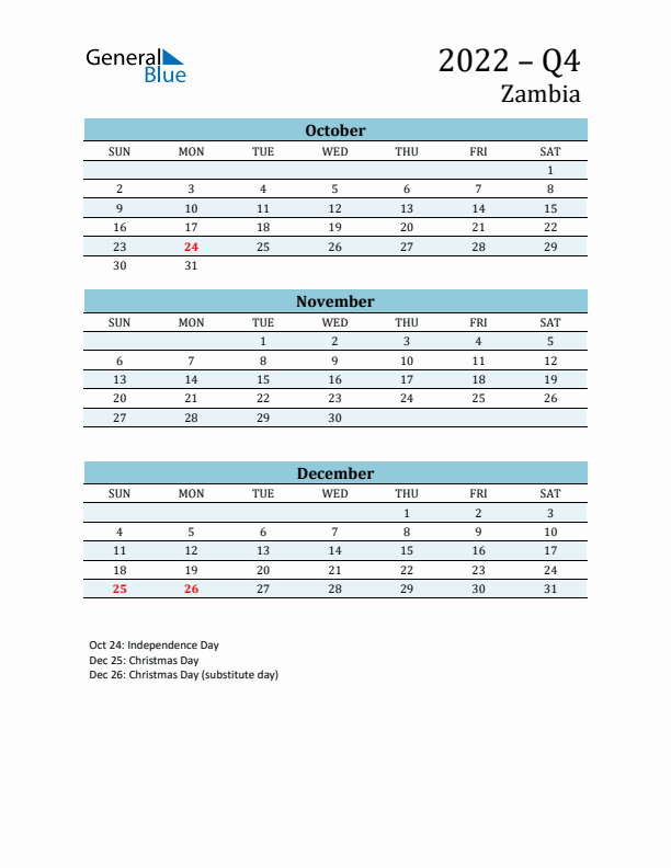 Three-Month Planner for Q4 2022 with Holidays - Zambia
