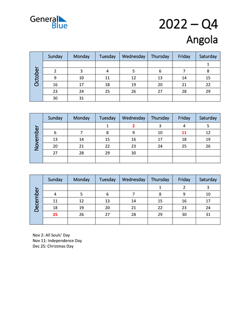  Free Q4 2022 Calendar for Angola
