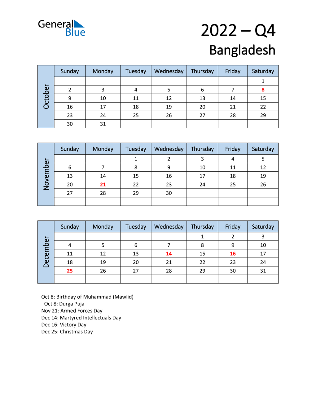  Free Q4 2022 Calendar for Bangladesh