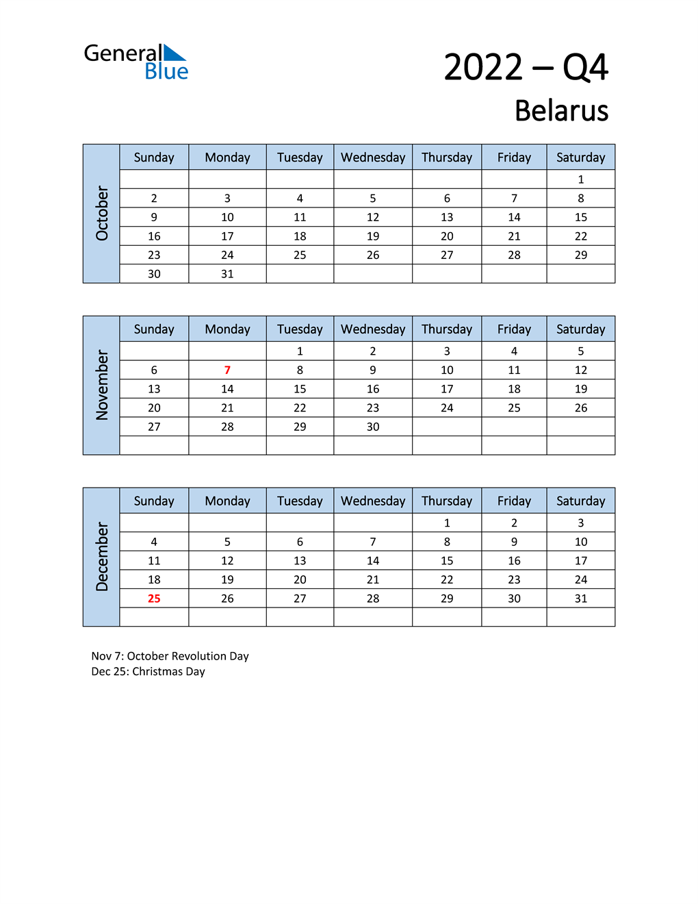  Free Q4 2022 Calendar for Belarus