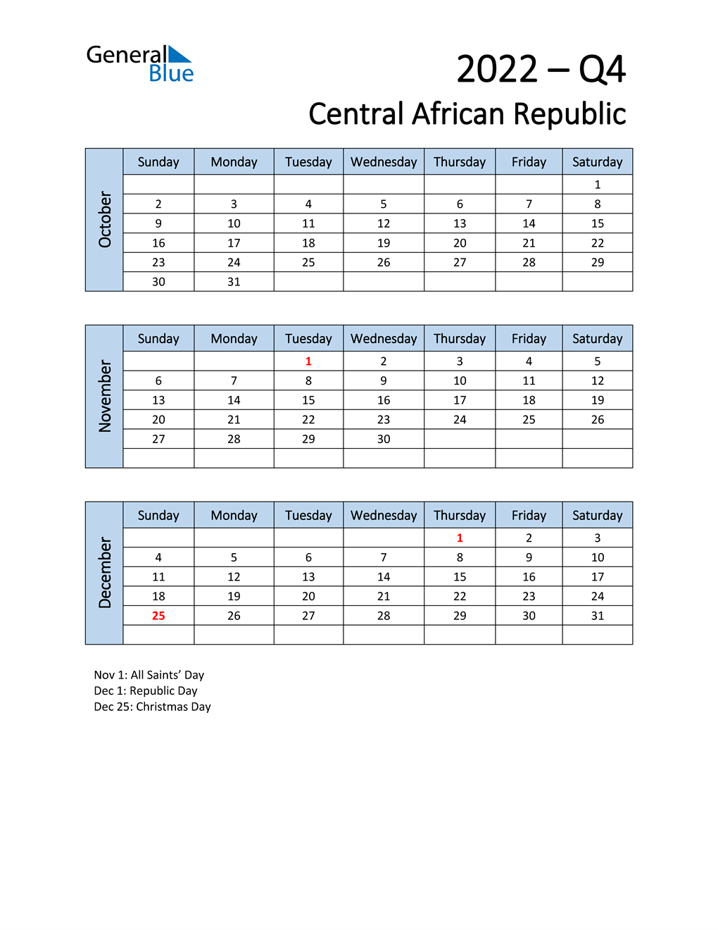  Free Q4 2022 Calendar for Central African Republic