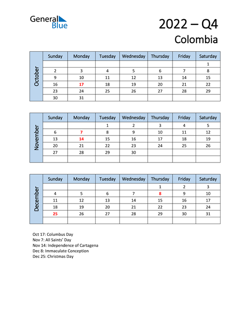  Free Q4 2022 Calendar for Colombia