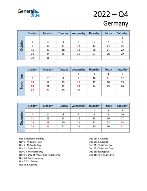  Free Q4 2022 Calendar for Germany