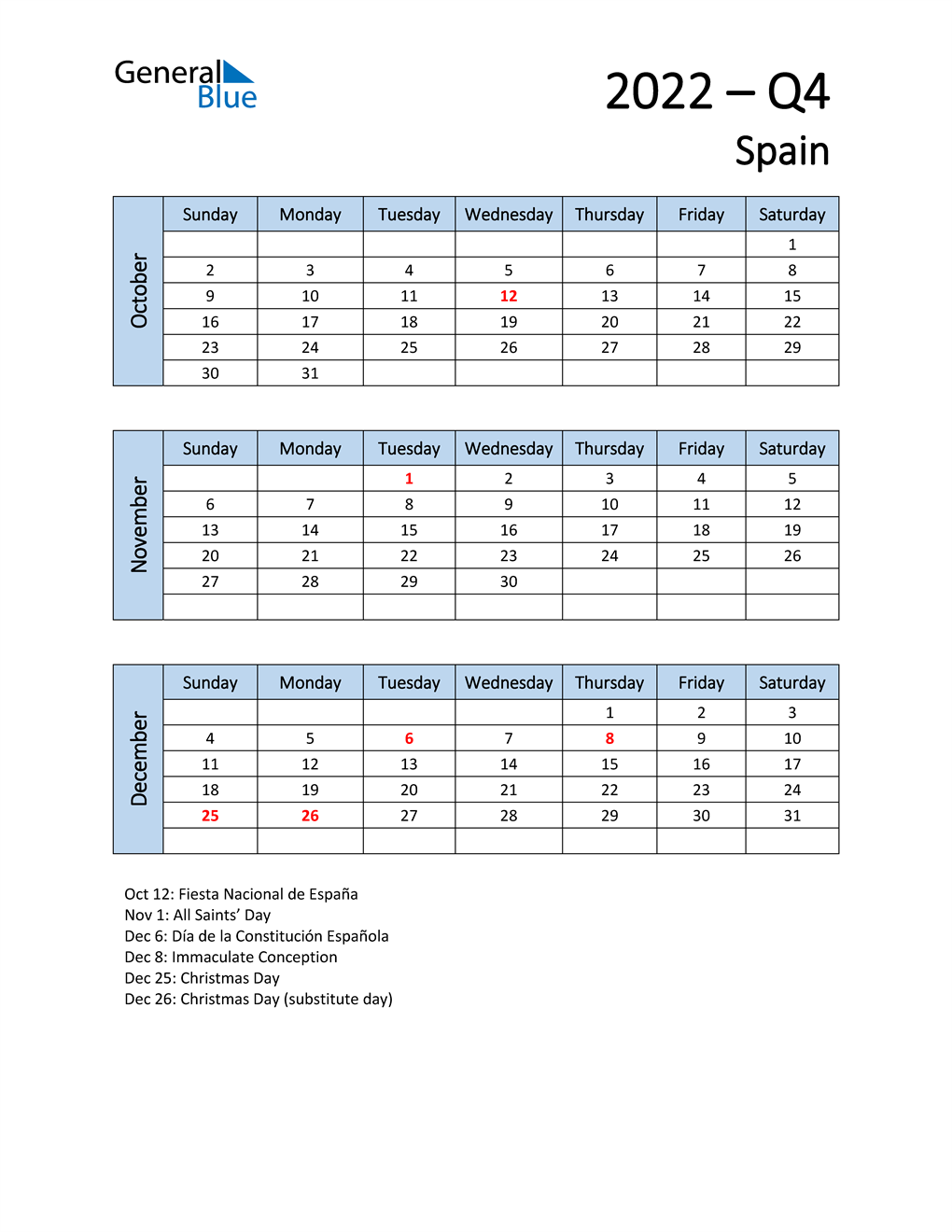  Free Q4 2022 Calendar for Spain