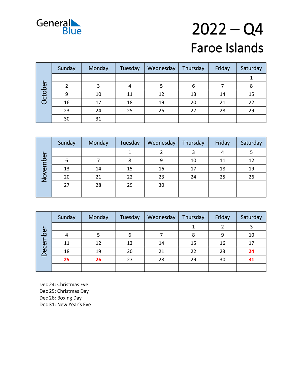  Free Q4 2022 Calendar for Faroe Islands