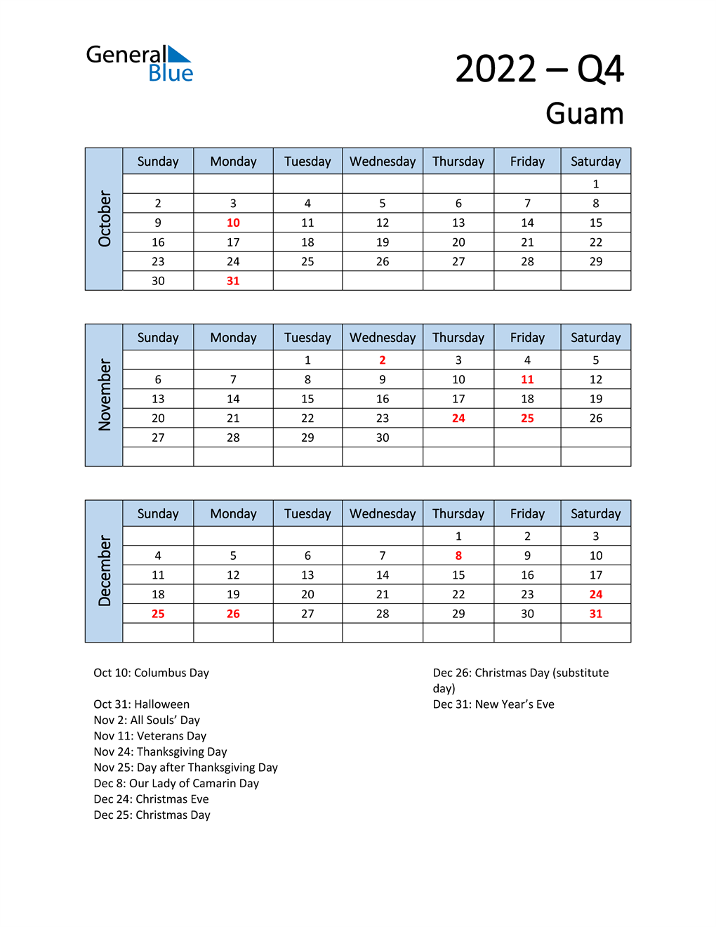  Free Q4 2022 Calendar for Guam
