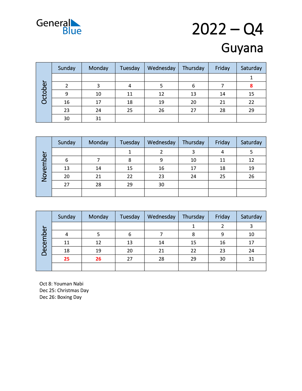 Free Q4 2022 Calendar for Guyana