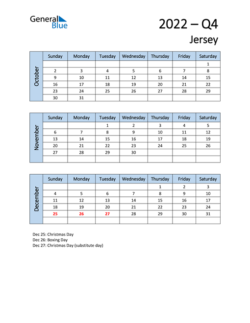  Free Q4 2022 Calendar for Jersey