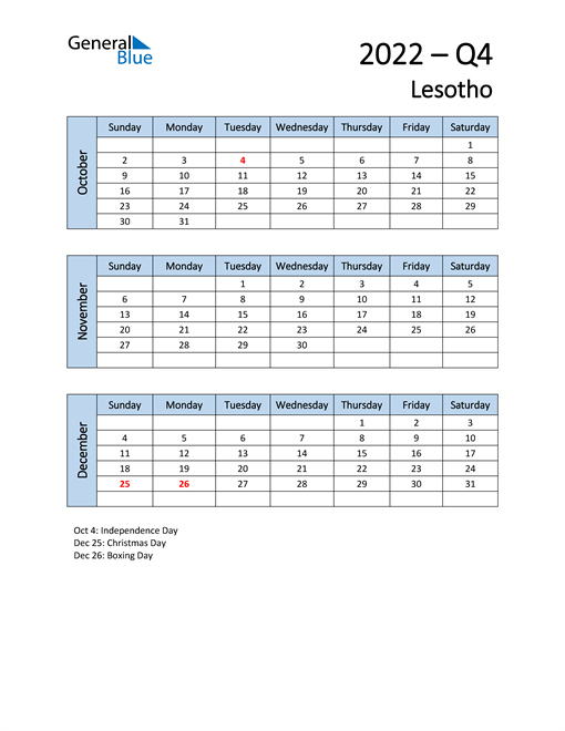  Free Q4 2022 Calendar for Lesotho