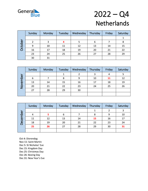  Free Q4 2022 Calendar for Netherlands