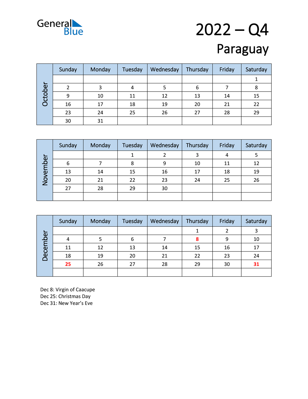  Free Q4 2022 Calendar for Paraguay